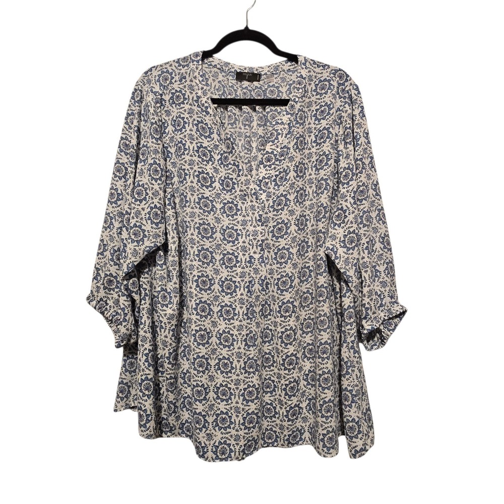 Tahari Floral Popover Tunic‎ Top Womens Plus 3X Blue Boho Peasant Cottage Flowy